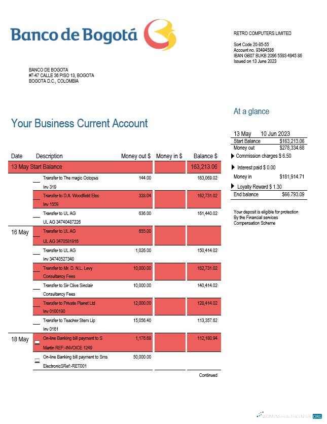 Download Banco de Bogotá enterprise account statement Word and PDF template Photoshop template